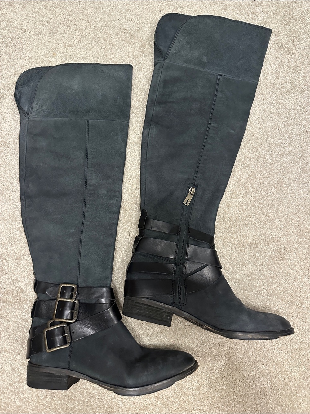 Sam Edelman Tall Blue-Grey Leather Over-the-Knee Buckle Almond Toe Boots